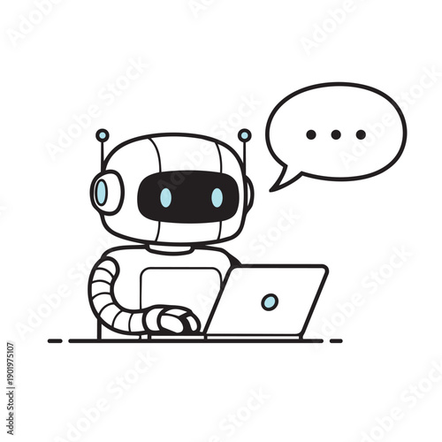 Minimalist line art illustration of a cute robot using a laptop for online chat. Ideal for AI technology, virtual assistant, customer support, and chatbot messaging concepts.