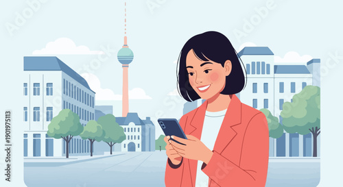 Cheerful woman with short black hair in a coral jacket, texting on her phone, city background