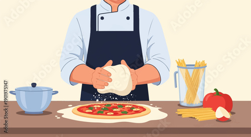Chef preparing pizza dough, with ingredients like tomatoes and pasta