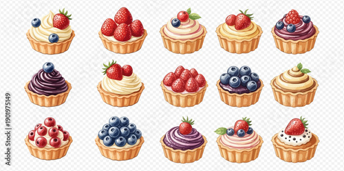 Delicious assortment of fruit tarts and cupcakes with berries, strawberries, and cream toppings.