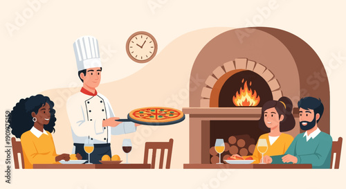 Chef serves pizza to happy diners at a wood-fired oven restaurant