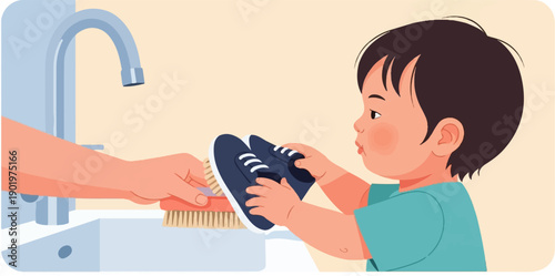 Child curiously watches as adult scrubs a pair of dark blue sneakers