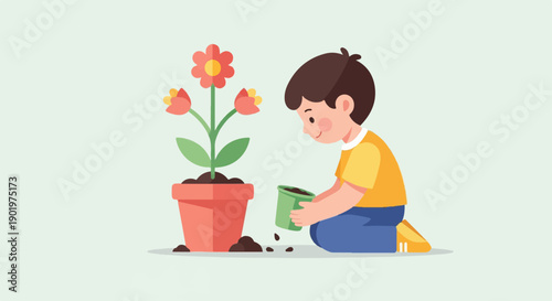 Child happily planting flowers in a pot with soil