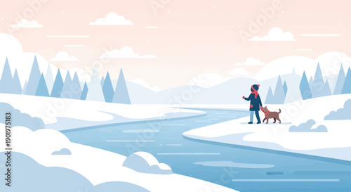 Child in winter coat and scarf walks a dog by a snowy river