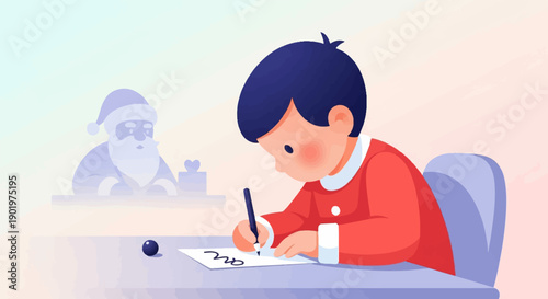 Child writes letter to Santa Claus with gift box and jolly figure