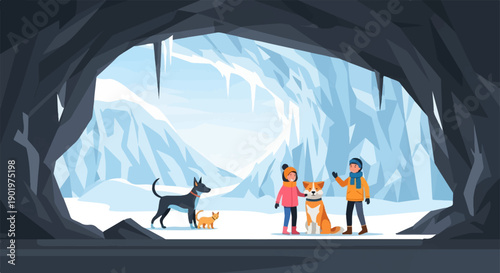 Children and dogs explore an icy cave with glistening stalactites and snowy peaks