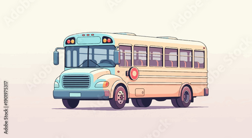 Cartoon yellow school bus with blue front and many windows, side view