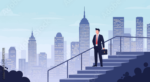 Businessman in suit standing on stairs with city skyline backdrop