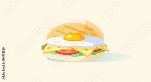 Cartoonish breakfast sandwich with fried egg, cheese, tomato, and lettuce