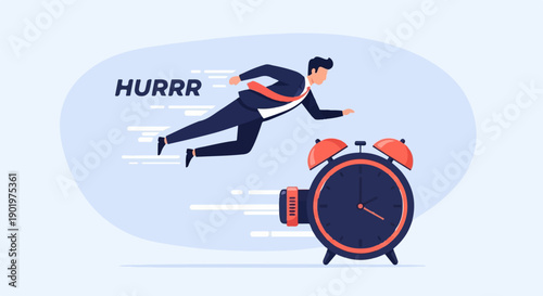 Businessman sprints past alarm clock with motion lines indicating speed