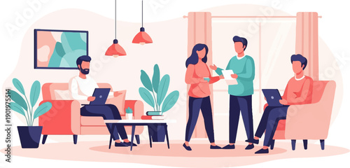 Casual group meeting in a cozy living room with laptops and coffee