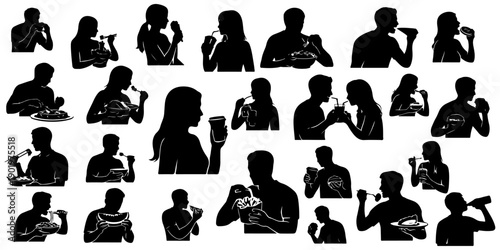 Huge set of people silhouettes eating and drinking various food including burger, pizza, noodles, salad, and coffee isolated