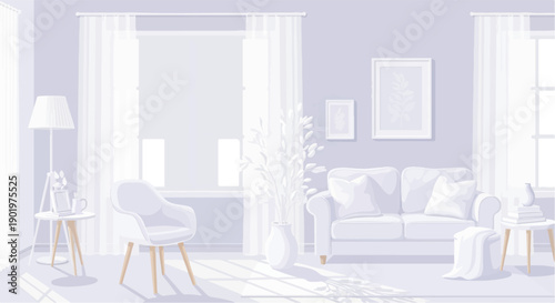 Bright and airy living room with furniture, plants, and framed art