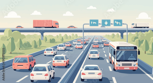 Busy multi-lane highway with cars, bus, and trucks under a clear sky