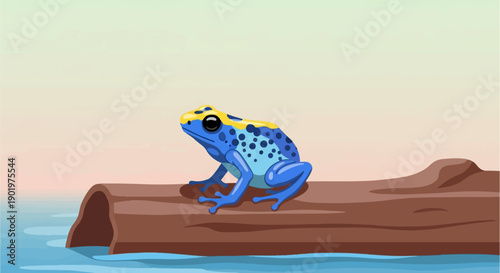 Bright blue and yellow frog rests on a brown log in tranquil blue water