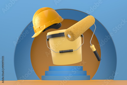 Hard hat, paint bucket and roller brush floating in air over podium on abstract background, renovation and construction tools