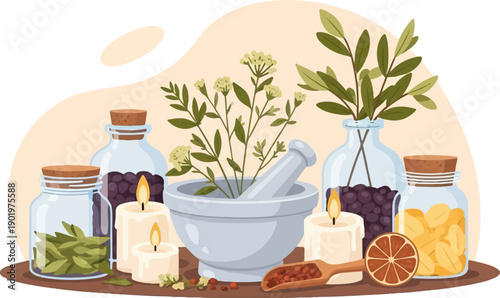 Botanical ingredients, candles, and jars for remedies on a shelf