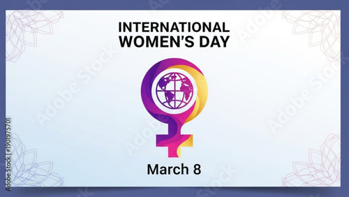International women's day poster with colorful logo and globe on white background march 8
