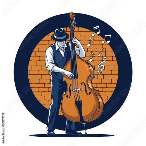 Jazz Musician Playing Upright Bass with Musical Notes.