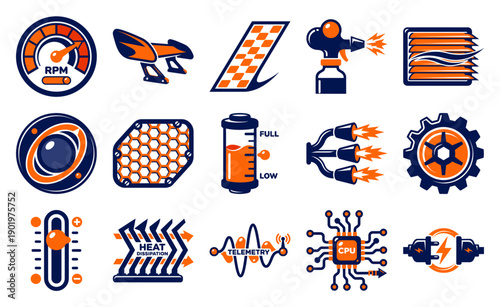 Flat Vector Automotive Engineering Element Kit for High-Performance Racing and Mechanical Telemetry Displays