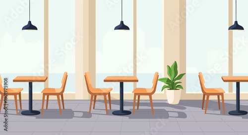 Bright cafe interior with modern tables and chairs, large windows, and a potted plant