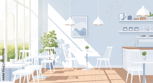 Bright cafe interior with sunbeams streaming through large windows