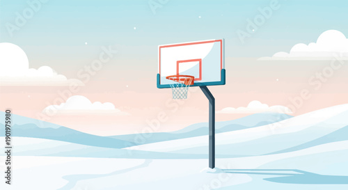 Basketball hoop stands in a snowy landscape under a pastel sky