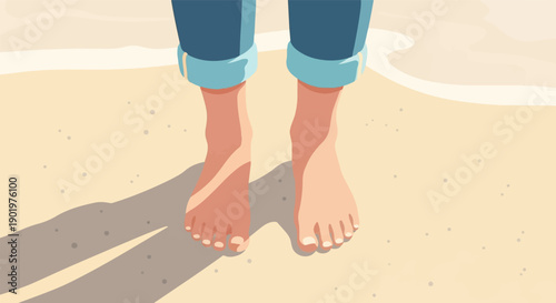 Bare feet on a sandy beach with rolled-up jeans and shadows