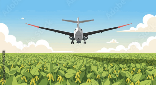 An aircraft descends over a lush field under a partly cloudy sky