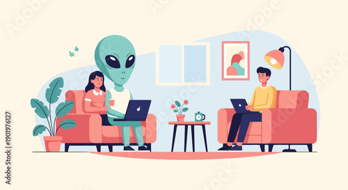 An alien and two humans sit on sofas using laptops in a room