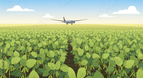 An airplane flies over a vast green soybean field under a blue sky