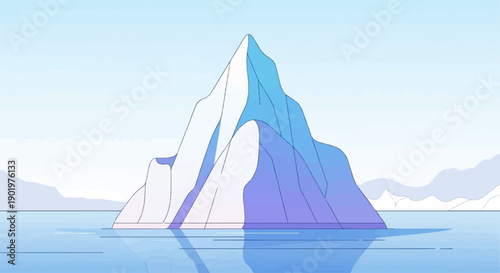 An abstract illustration of a large, multi-colored iceberg floating in calm blue water