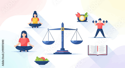 Balance scales with people meditating, exercising, eating, and reading
