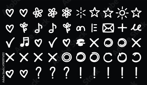 White Handwritten Symbols and Icons on Black Background
