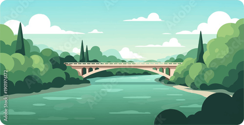 An arched bridge spans a tranquil river, surrounded by lush green foliage and distant hills