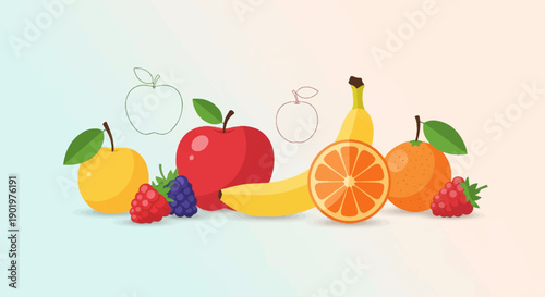 An assortment of colorful fruits, including an apple, orange, banana, and berries