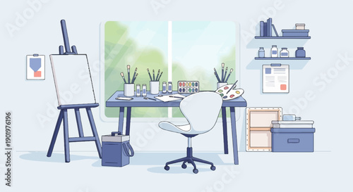 An artist's studio setup with an easel, desk, paints, brushes, and chair