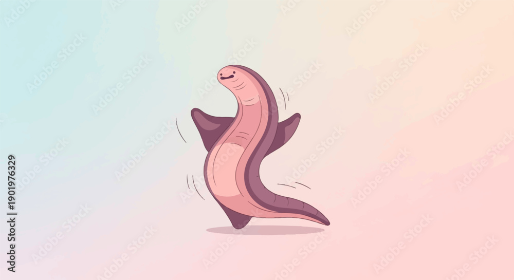 Fototapeta premium A stylized, pinkish creature with fins dances on a soft pastel gradient