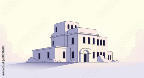 A stylized, pastel-hued building with arched windows and doors, set against a soft sky
