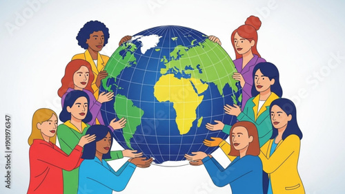 Diverse group of people holding and supporting the earth globe together in unity and cooperation