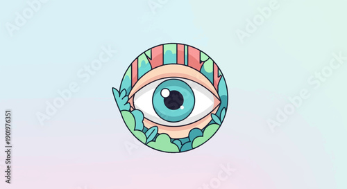 A stylized eye with blue iris and lush green foliage surrounds it