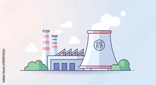 A stylized factory with cooling towers and smokestacks under clouds