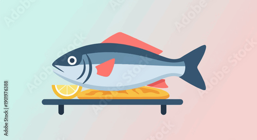 A stylized fish rests on bread with a lemon slice on a plate