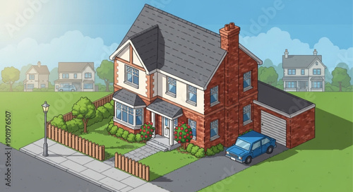 Charming suburban brick house with garage and blue car.