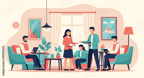 Casual meeting and work in a modern, minimalist living room