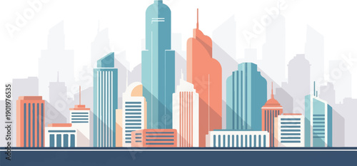 A stylized, colorful city skyline with diverse geometric buildings