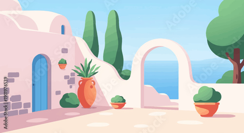 A stylized pixel art scene of a Mediterranean courtyard