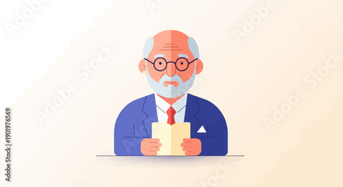 An illustrated elderly man with glasses and beard holds an open book