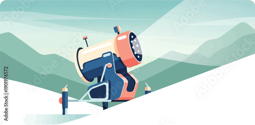 A snow cannon stands on a white slope with green hills