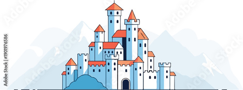 A stylized, colorful castle stands prominently on a blue hill